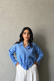 Mavi Çizgili Önü Tasarım Bağlamalı Gömlek SY-2046-Mavi