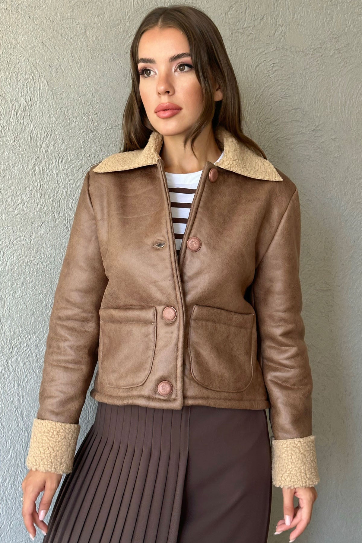 Camel İçi Kürklü Düğmeli Suni Deri Ceket SY-1015-Camel