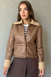 Camel İçi Kürklü Düğmeli Suni Deri Ceket SY-1015-Camel