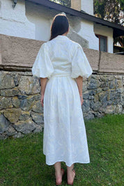 Ekru Balon Kol Pile Detaylı Kemerli Brode Elbise SY-2084-Ekru