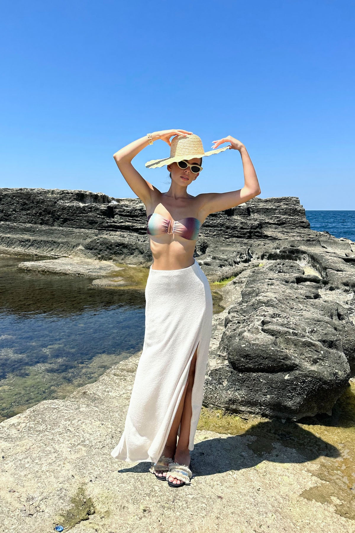 Bej Merserize Yırtmaçlı Çan Etek SY-0792-Bej