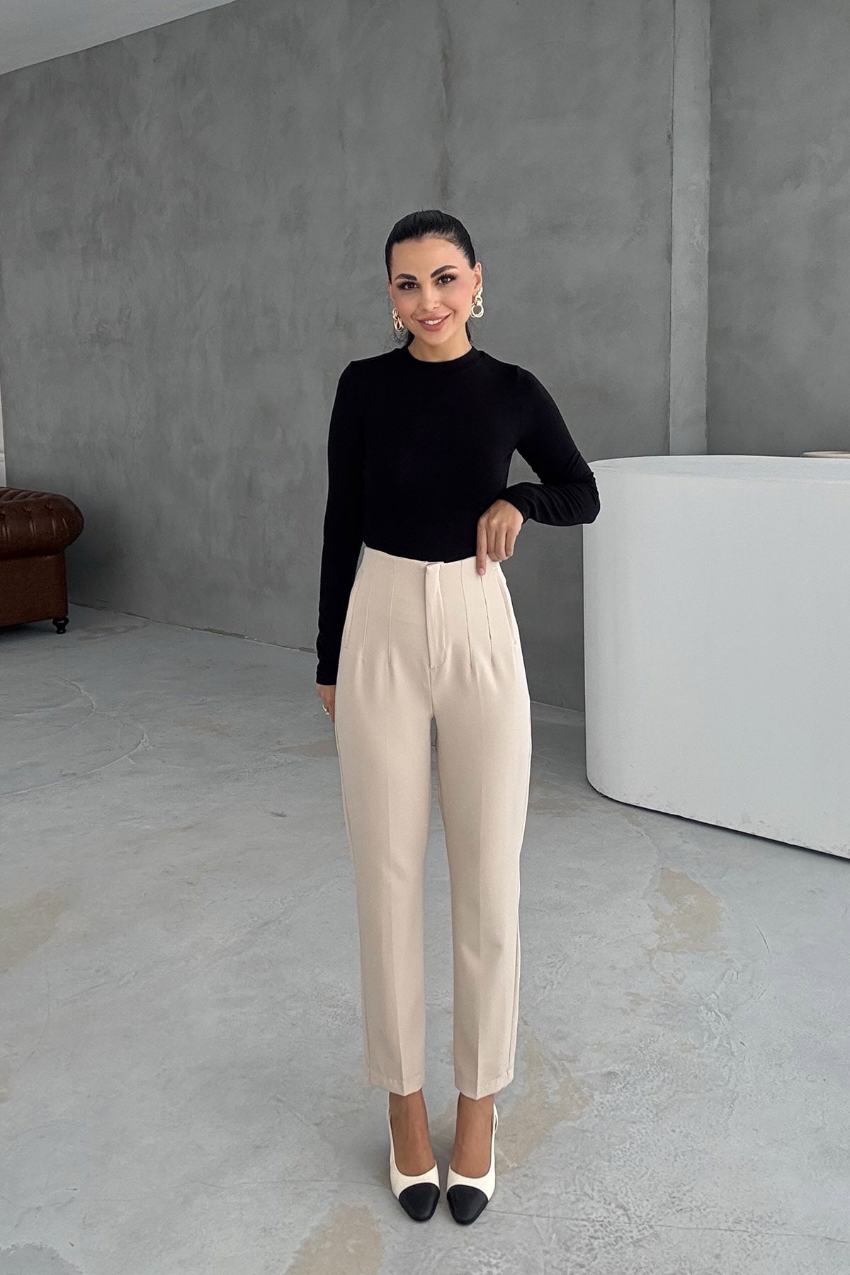 Bej Çift Pensli Fleto Cepli Pantolon SY-3106-Bej