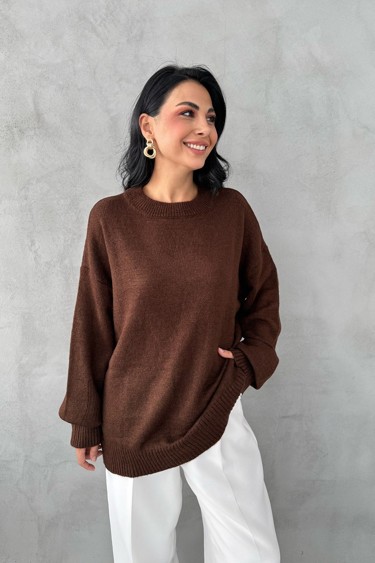 Kahve Bisiklet Yaka Lastikli Pinterest Triko Kazak SY-3368-Kahve