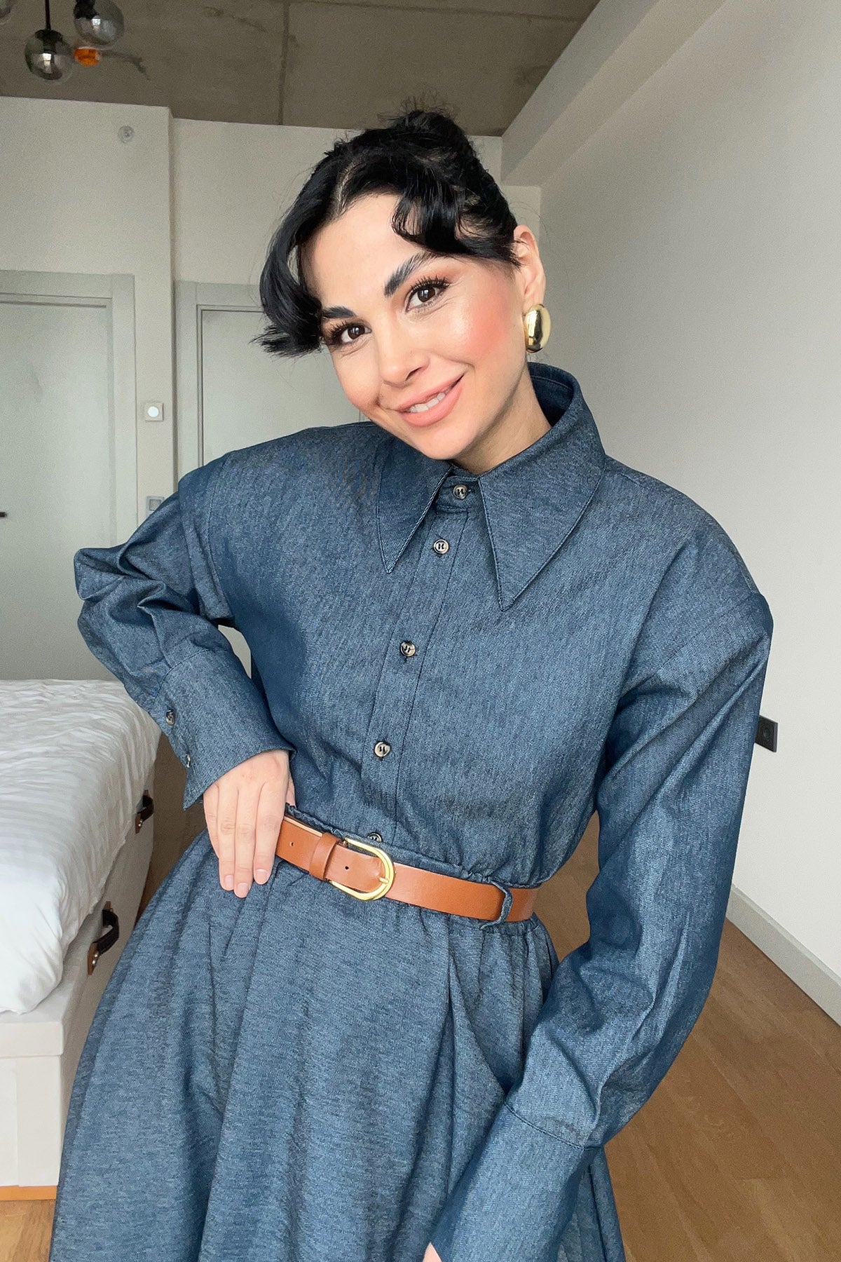 Denim Kemerli Kloş Etek ve Denim Gömlek Takım SY-2997-Mavi