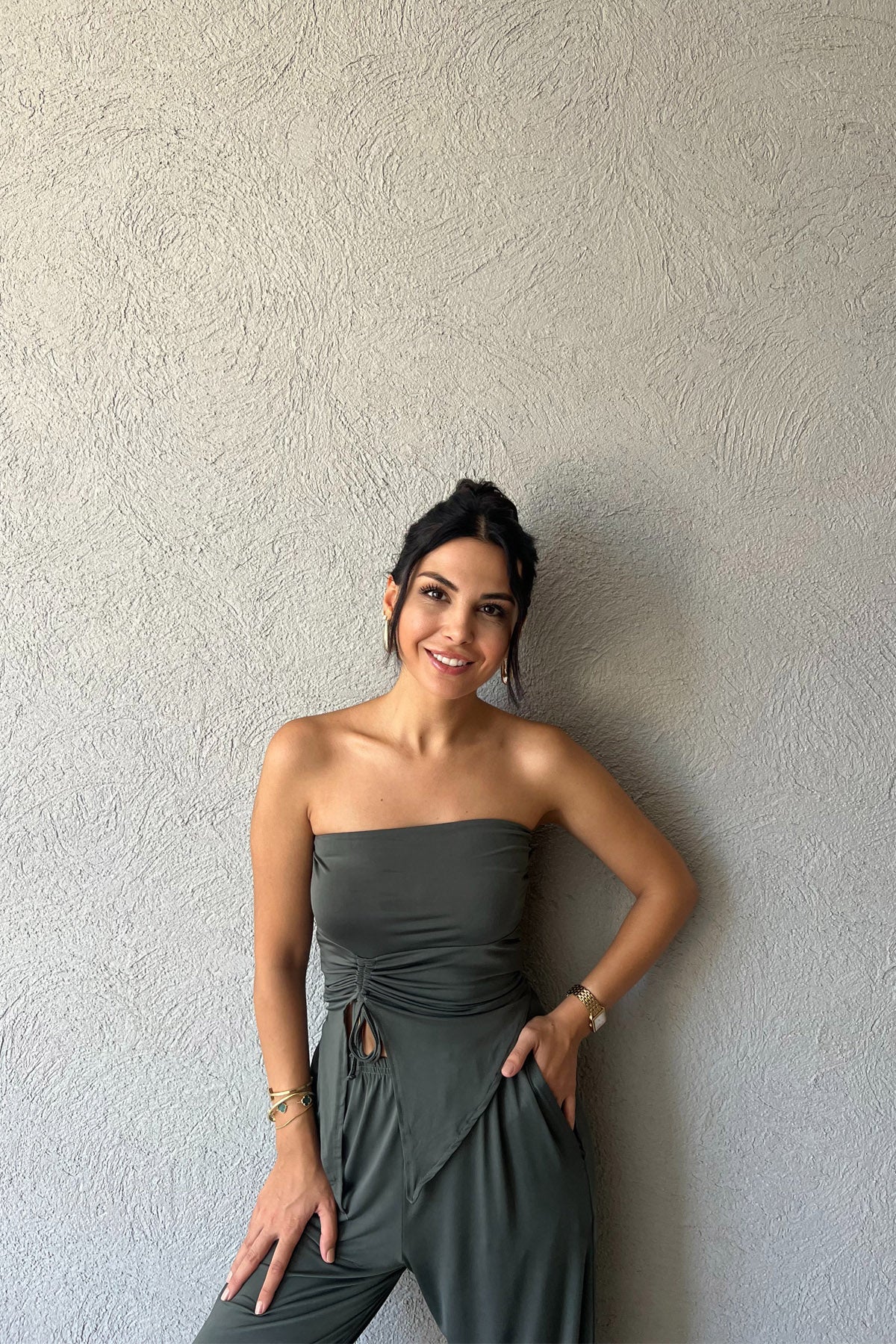 Açık Haki Büzgü Detaylı Bluz ve Salaş Pantolon Takım SY-2144-Açık Haki