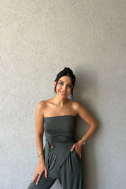 Açık Haki Büzgü Detaylı Bluz ve Salaş Pantolon Takım SY-2144-Açık Haki