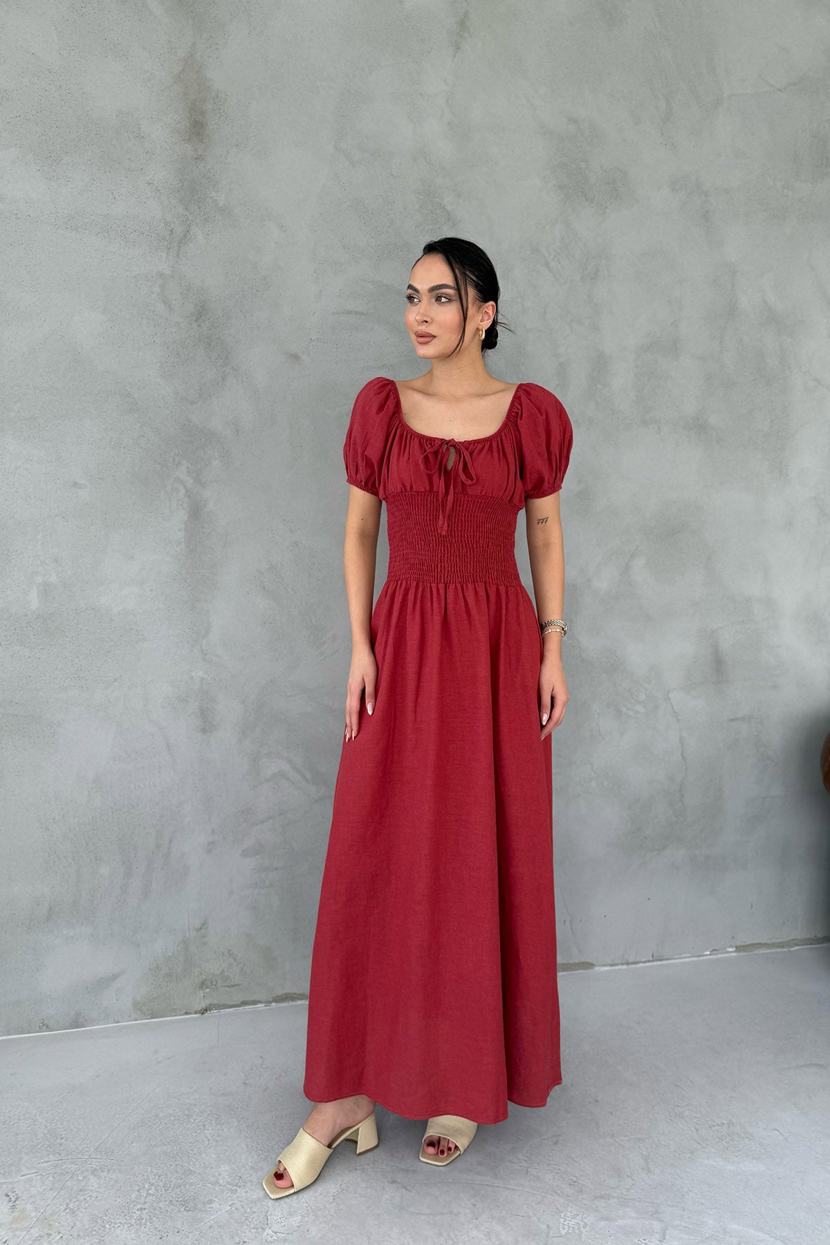 Bordo Önü Gipeli Kısa Kol Elbise SY-3005-Bordo