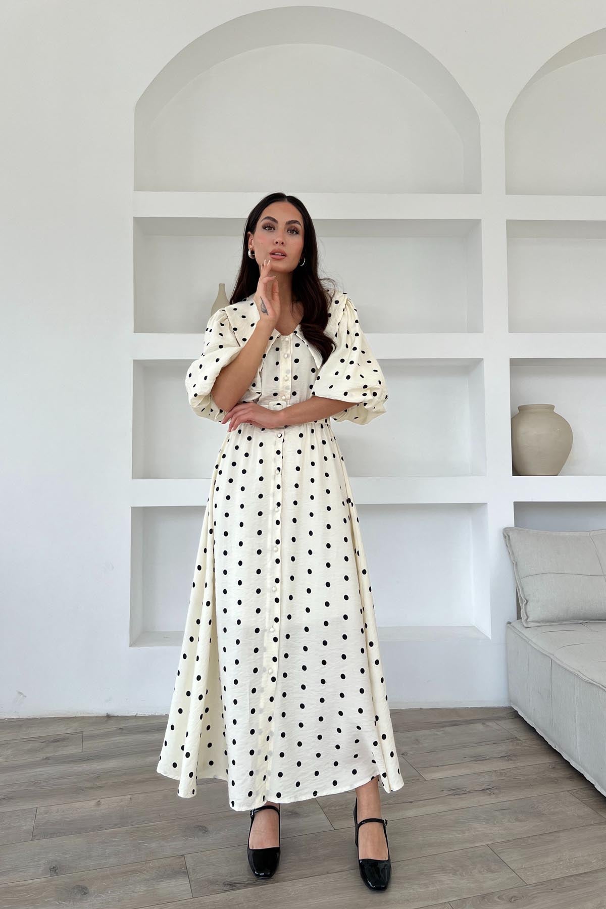 Bej Puantiye Desenli Düğme Detaylı Balon Kol Elbise SY-1790-Bej