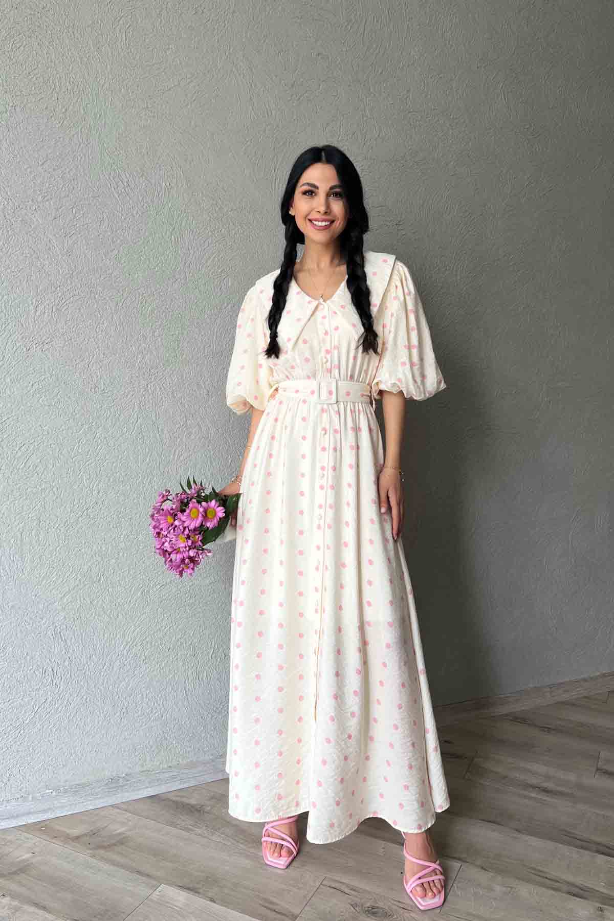 Pembe Puantiye Desenli Düğme Detaylı Balon Kol Elbise SY-1790-Pembe