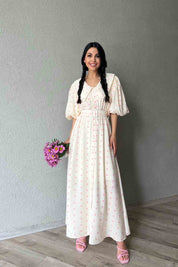 Pembe Puantiye Desenli Düğme Detaylı Balon Kol Elbise SY-1790-Pembe