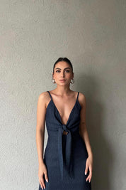 Indıgo Askılı Bağlama Detaylı Arkası Gipeli Midi Elbise SY-1770-İndigo