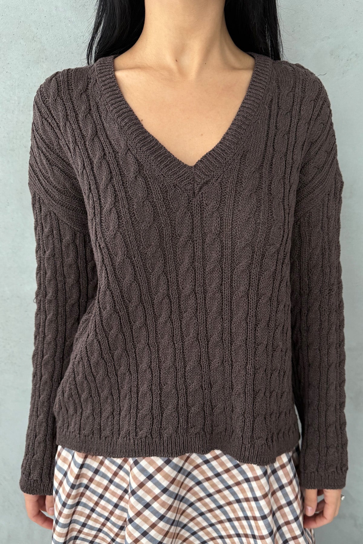 V Yaka Saç Örgü Kahve Triko Kazak SY-3407-Kahve