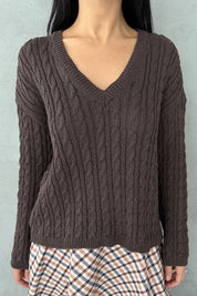 V Yaka Saç Örgü Kahve Triko Kazak SY-3407-Kahve