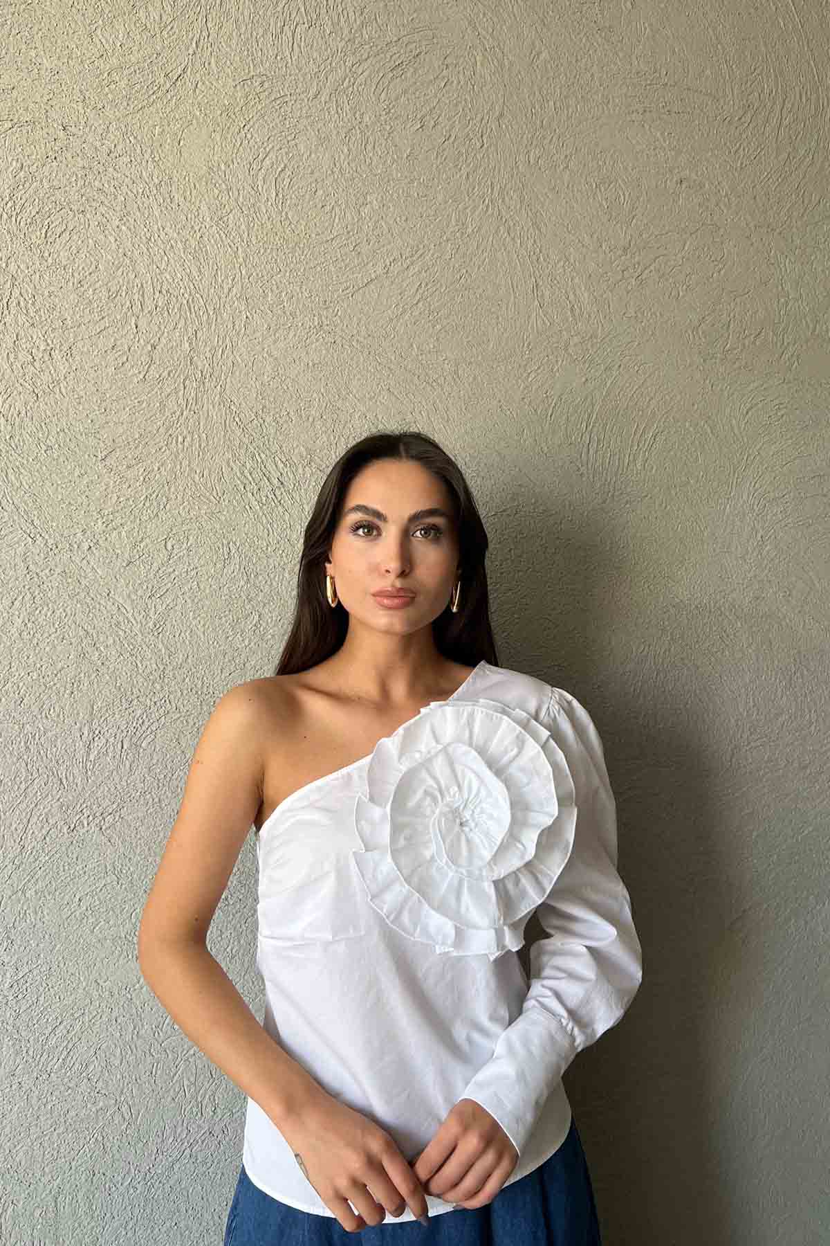 Beyaz Tek Omuz Özel Tasarım Gömlek SY-1736-Beyaz