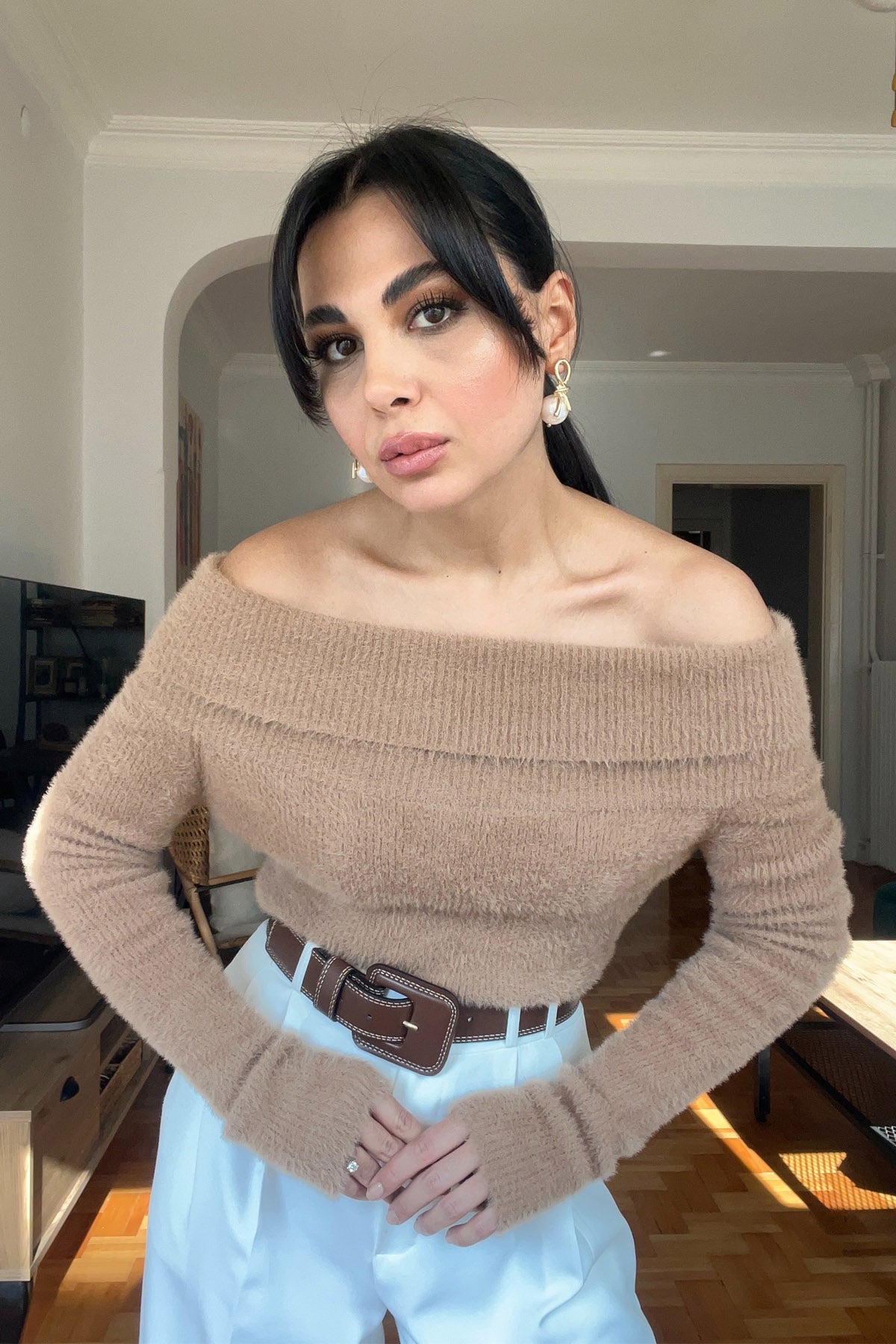 Camel Madonna Yaka Yumoş Triko Kazak SY-2784-Camel