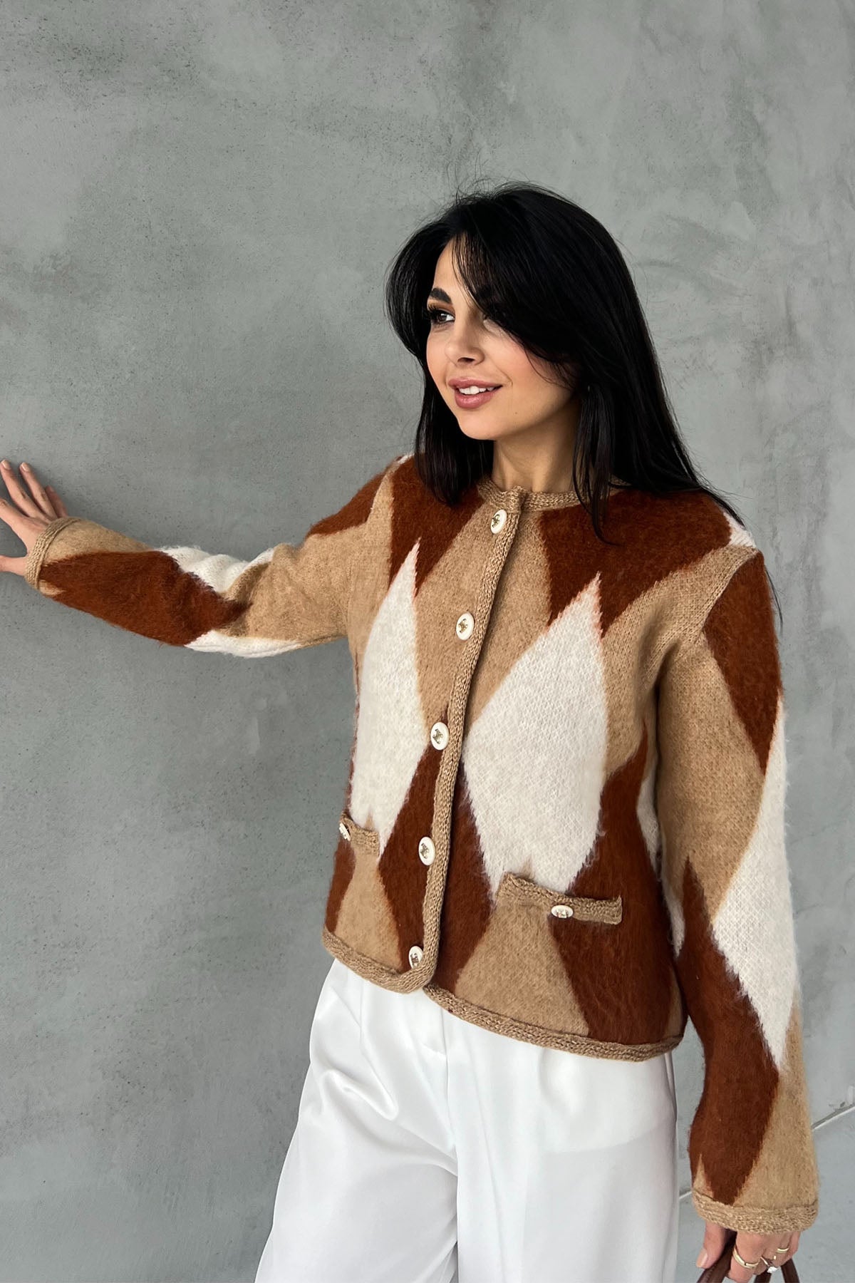 Kahverengi Geçişli Yumoş Baklava Desenli Hırka SY-2769-Kahverengi