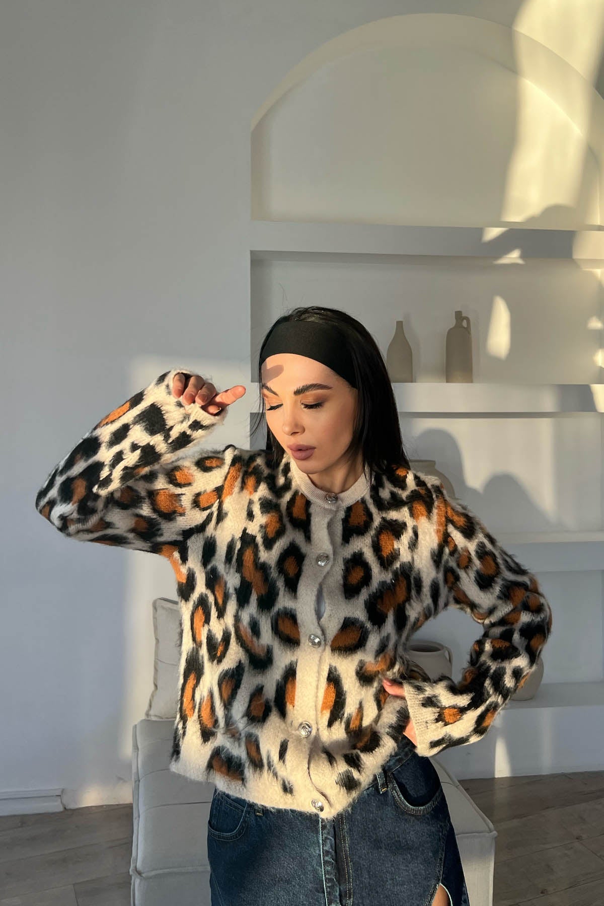 Siyah Vanilya Leopar Desen Gümüş Düğme Detaylı Hırka SY-1586-Siyah Vanilya