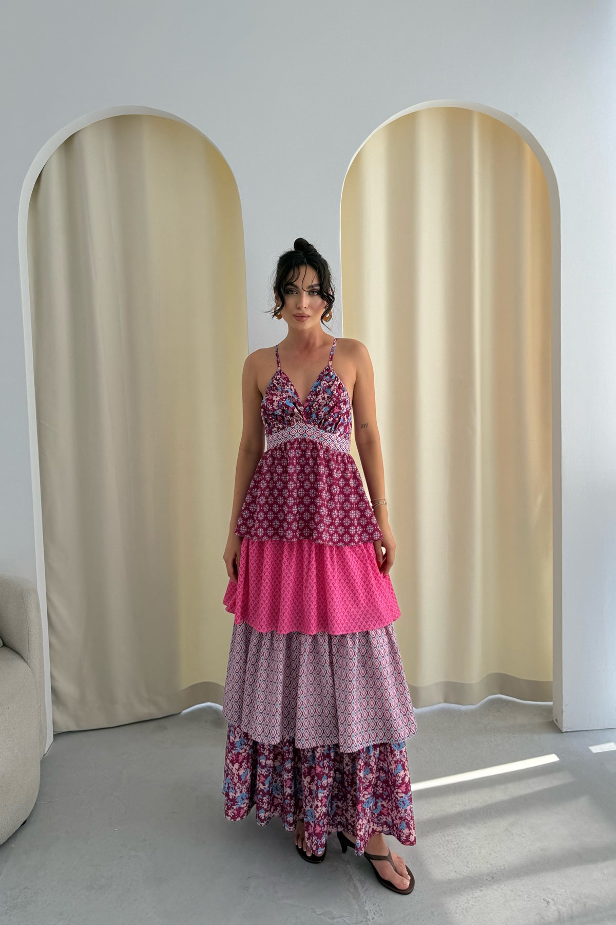 Renkli Kat Kat Detaylı Paris Elbise SY-3273