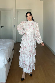 Pembe Çiçek Desenli Valonlu Şerit Detaylı Kat Kat Elbise SY-1747-Pembe