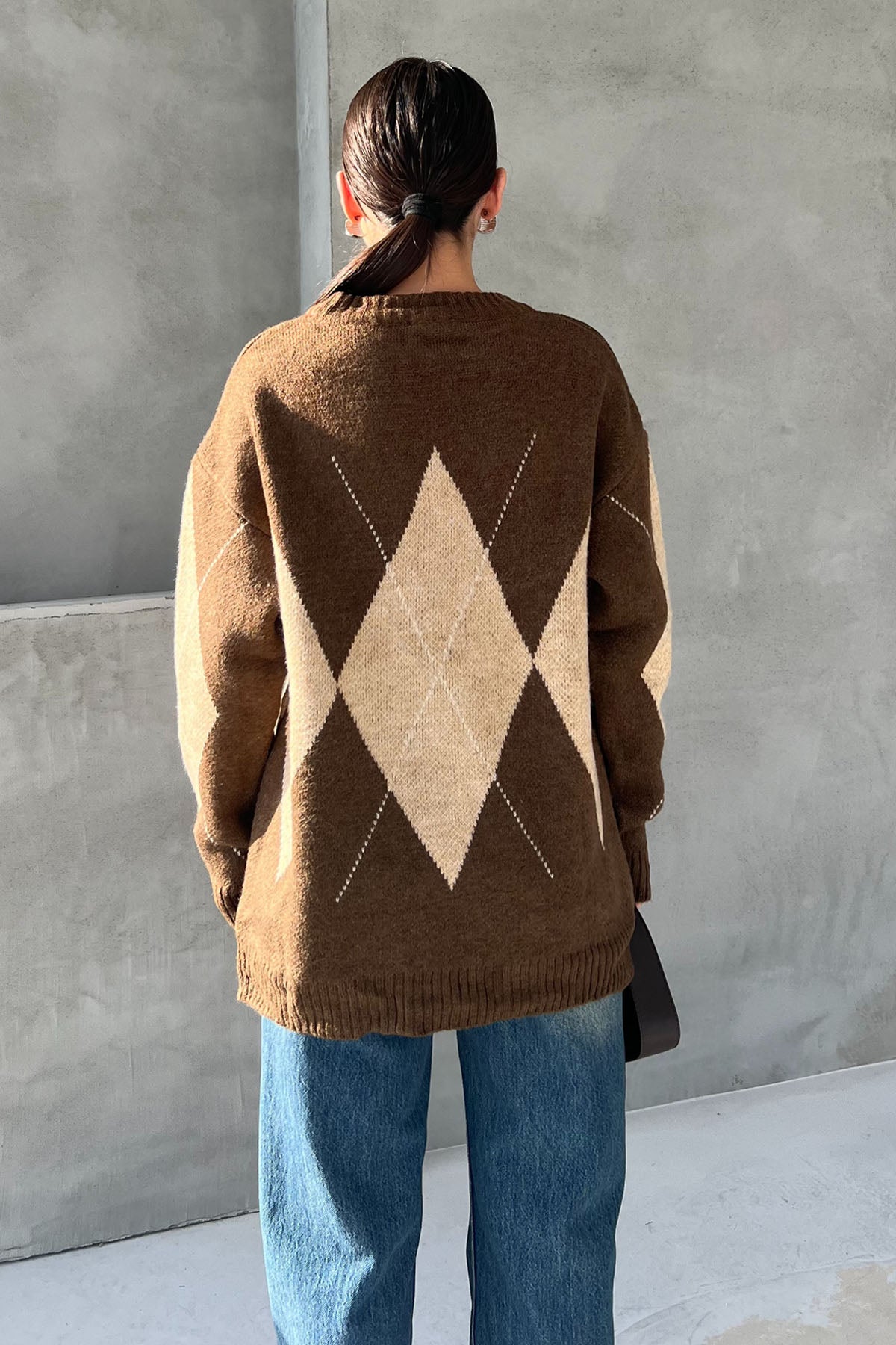 Açık Kahve Baklava Desenli Yakalı Kazak SY-1302-Açık Kahve