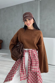 Kahve Bisiklet Yaka Oversize Pinterest Triko Kazak SY-3343-Kahve