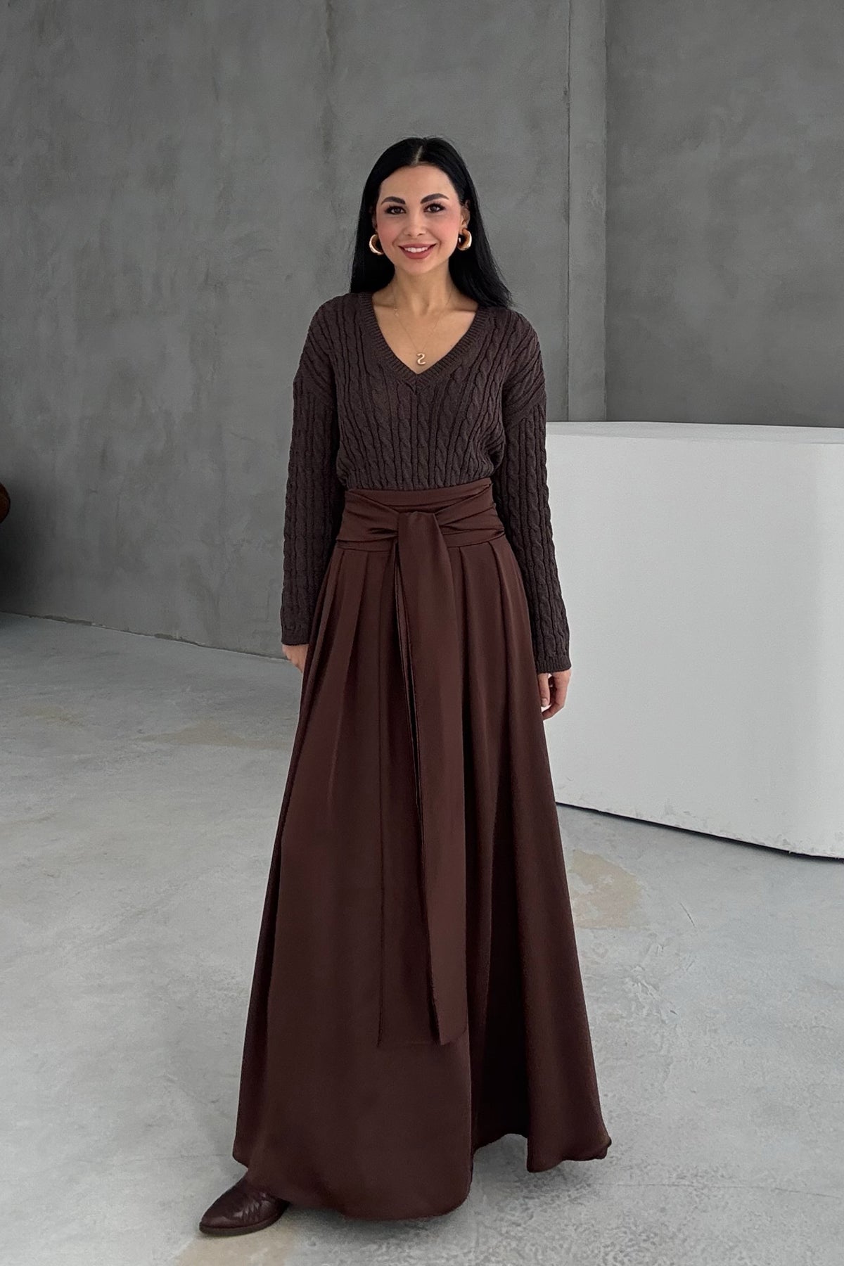 Kahve Şal Detay Bağlamalı Maxi Etek SY-3426-Kahve