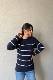 Lacivert Beyaz Çizgili Bisiklet Yaka Kazak SY-1150-Lacivert