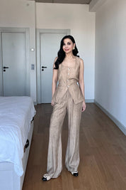 Camel Kare Yaka Düğmeli Yelekli Takım SY-3017-Camel