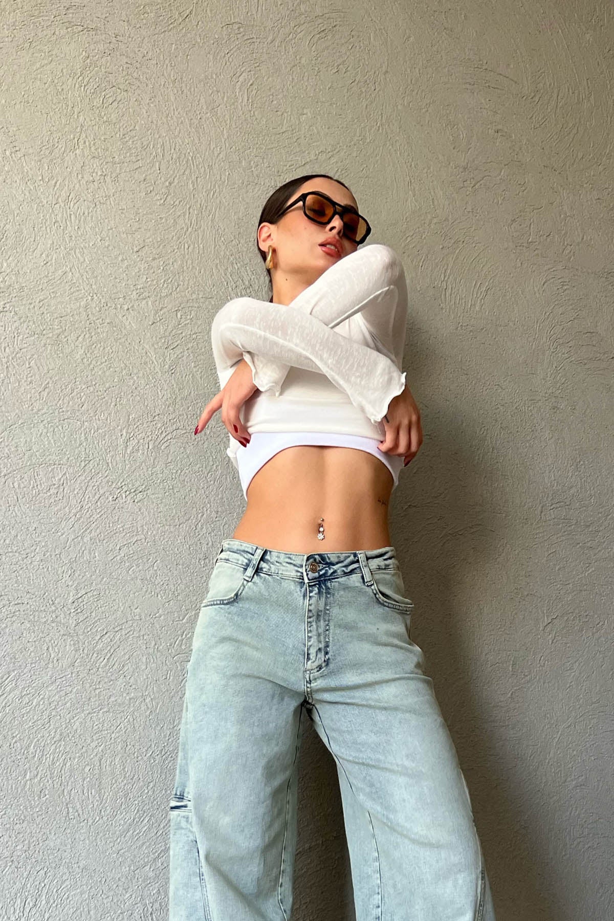 Ekru Uzun Kol Basic Crop Bluz SY-1637-Ekru