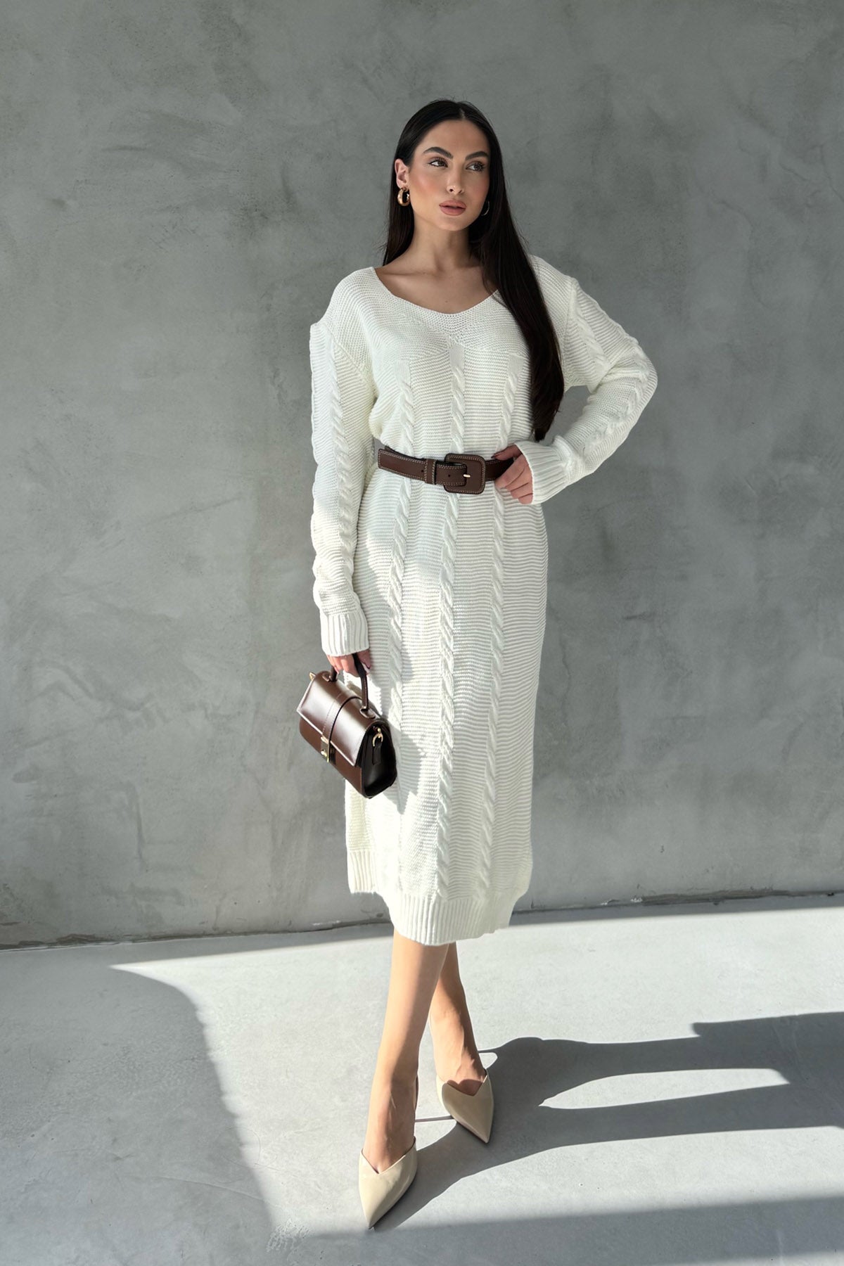 Ekru V Yaka Örgü Triko Elbise SY-2833-Ekru