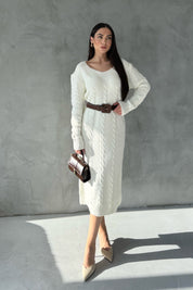 Ekru V Yaka Örgü Triko Elbise SY-2833-Ekru