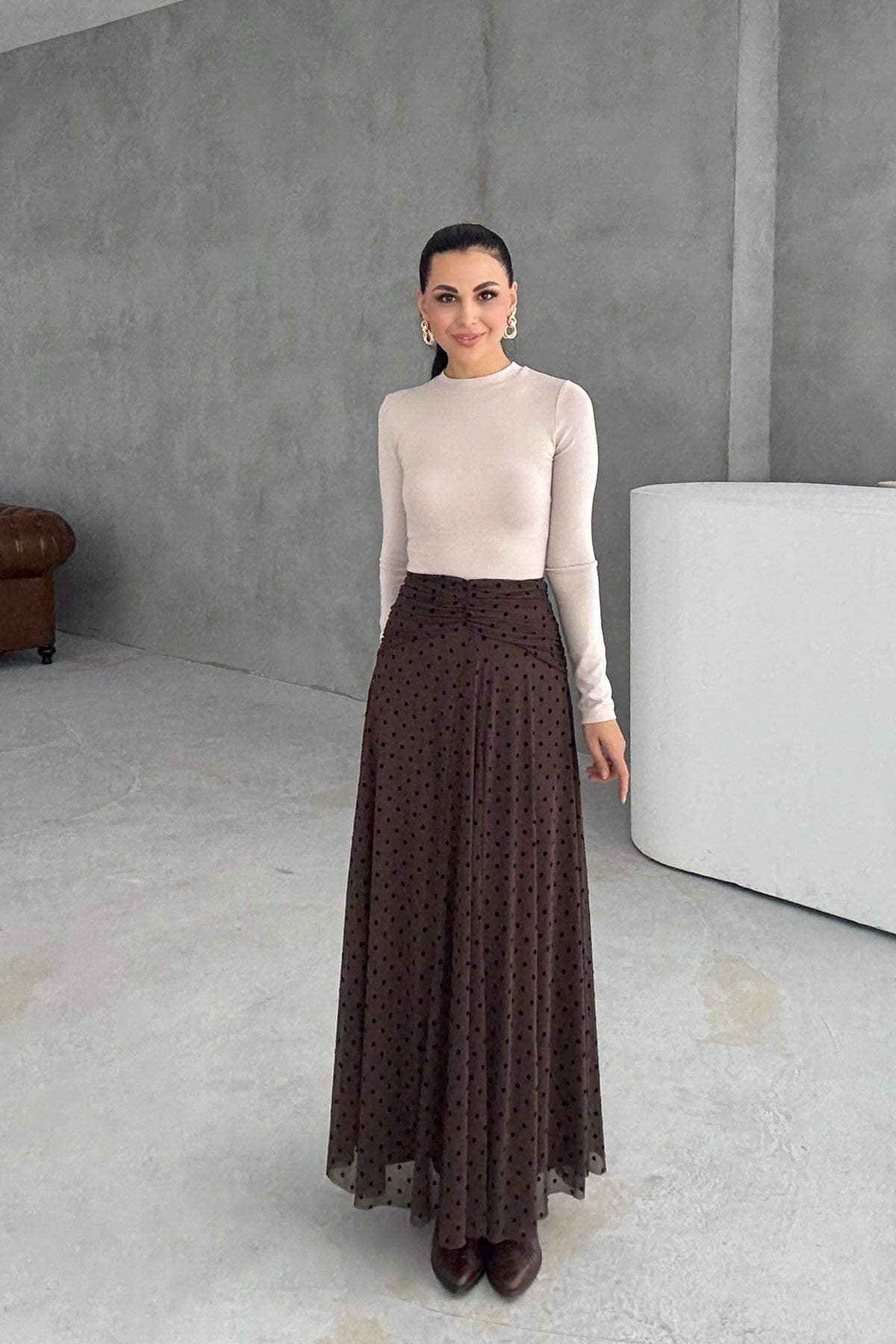 Kahve Büzgülü Flok Baskı Puantiyeli Etek SY-3358-Kahve