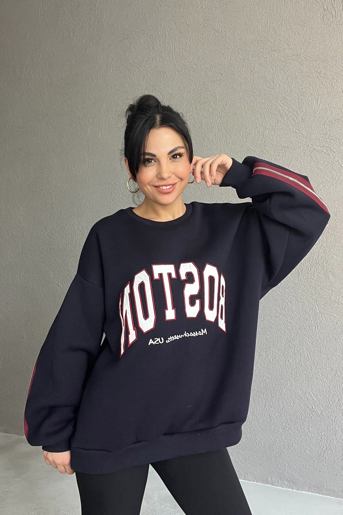 Lacivert Baskılı Fermuar Detaylı Sweatshırt SY-2412-Lacivert