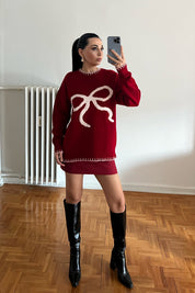 Kırmızı Önü Fiyonk Detaylı  Triko Kazak SY-2842-Kırmızı