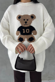Ekru Teddy Bear Nakışlı Triko Kazak SY-2831-Ekru