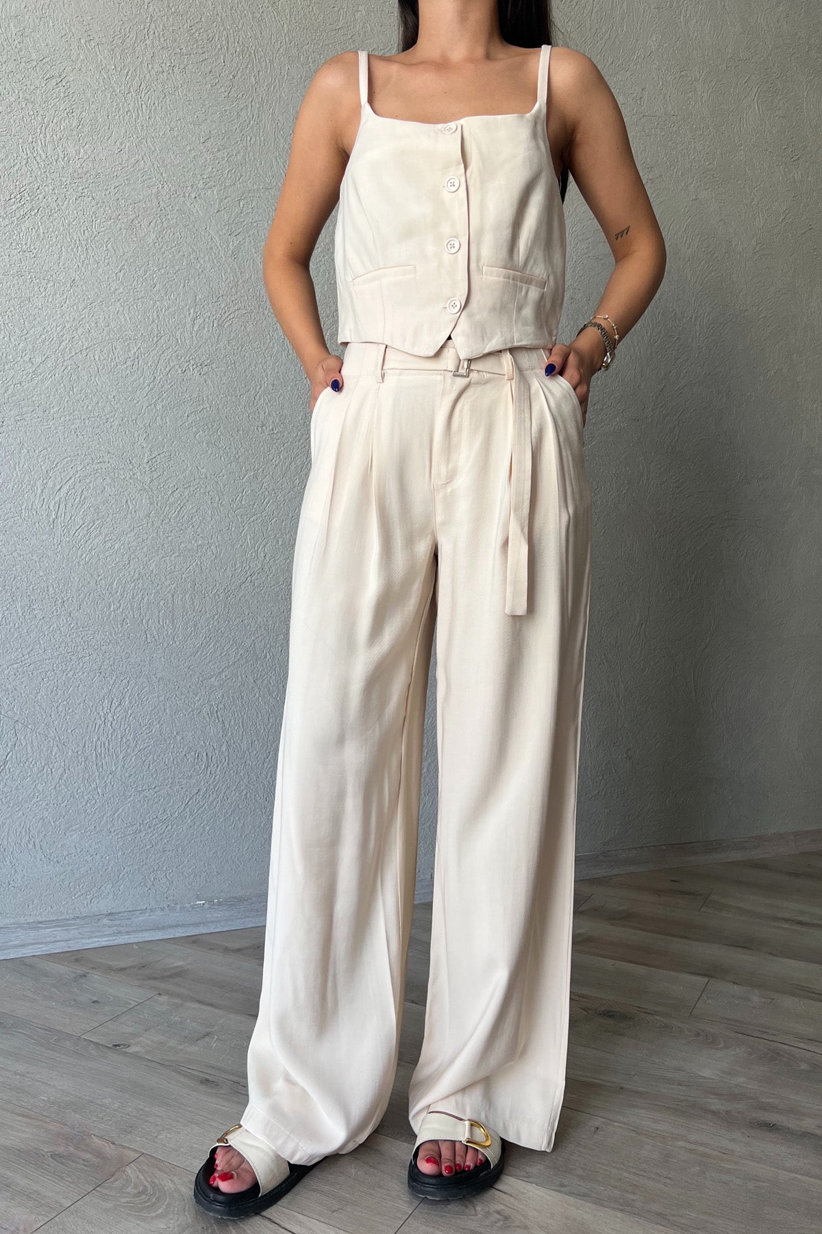 Taş Askı Detaylı Yelek Palazzo Pantolon Takım SY-2110-Taş