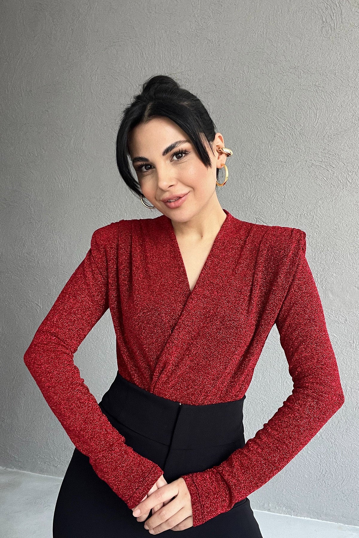 Kırmızı Simli Kruvaze Yaka Vatkalı Çıtçıtlı Body SY-1396-Kırmızı