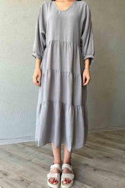 Müslin Kumaş V Yaka Rahat Kesim Gri Elbise SY-1939-Gri