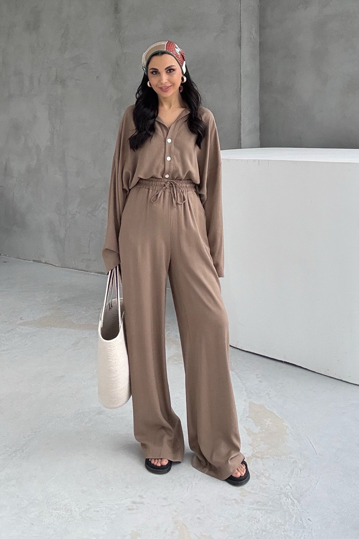 Kahverengi Keten Polo Yaka Gömlek Pantolon Takım SY-3118-Kahverengi