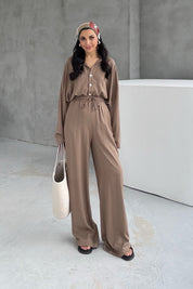 Kahverengi Keten Polo Yaka Gömlek Pantolon Takım SY-3118-Kahverengi