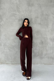 Kahverengi Büzgü Detaylı Uzun Kollu Bluz ve Salaş Pantolon Takım SY-2457-Kahverengi