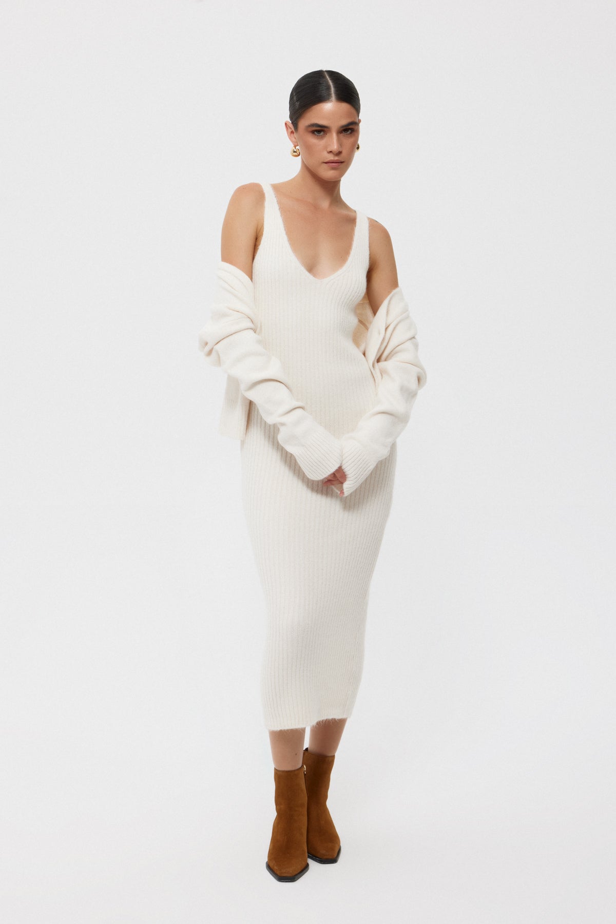 Krem Gül Detaylı Hırka Elbise İkili Takım SY-2448-Krem