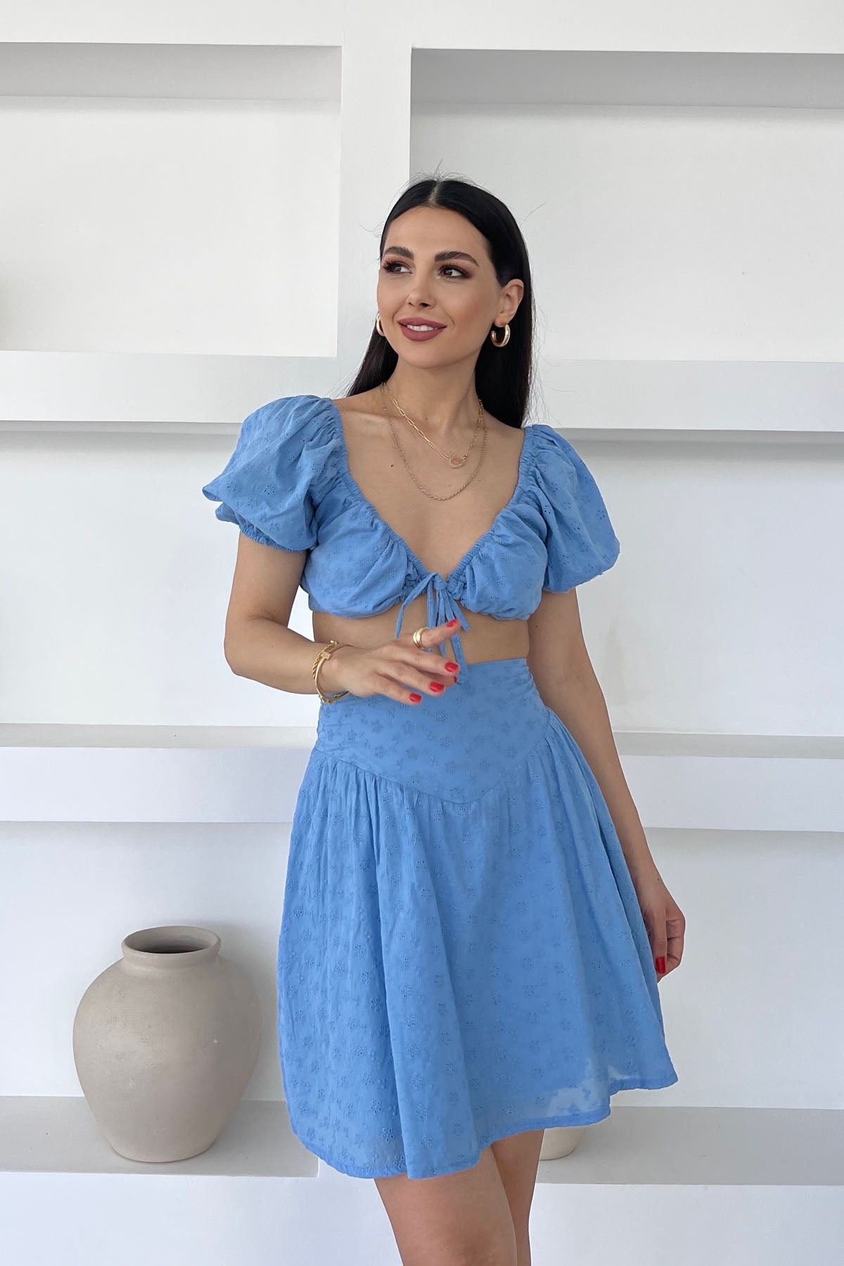 Mavi Fisto Bağlamalı  Büstiyer Etek Takım SY-0594-Mavi