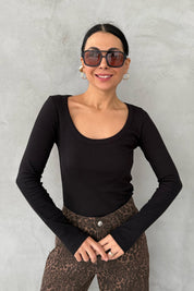 Uzun Kollu Fitilli Derin Bisiklet Yaka Siyah Body SY-3412-Siyah