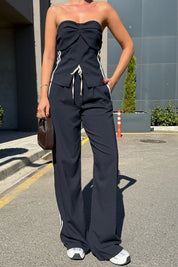 Lacivert Yazı Şerit Detaylı Straplez Bluz Pantolon Takım SY-3330-Lacivert