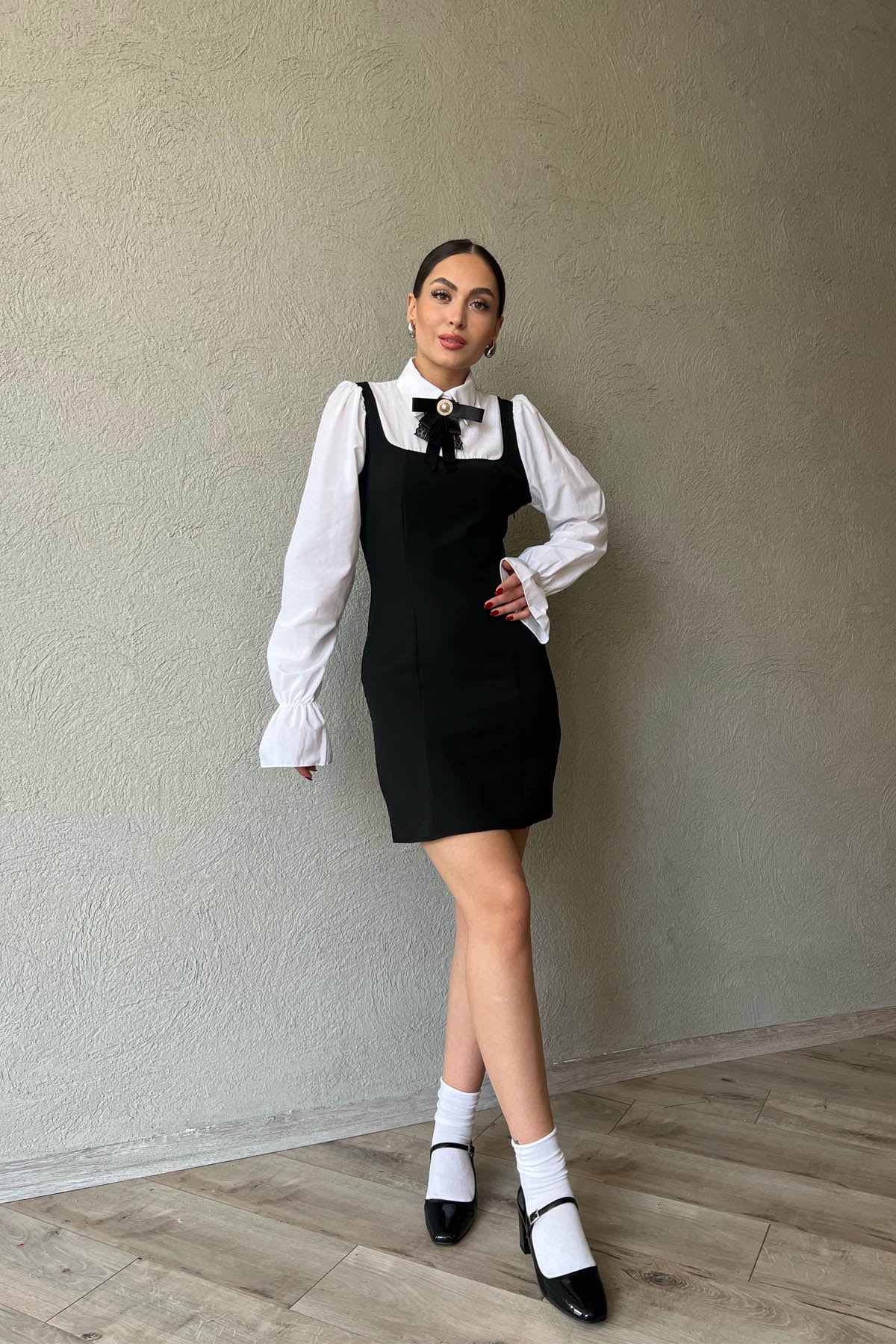 Siyah Vintage Gömlek Ve Toka Detaylı Kısa Elbise SY-1656-Siyah