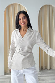 Ekru Asimetrik Düğmeli Drapeli Gömlek SY-3318-Ekru