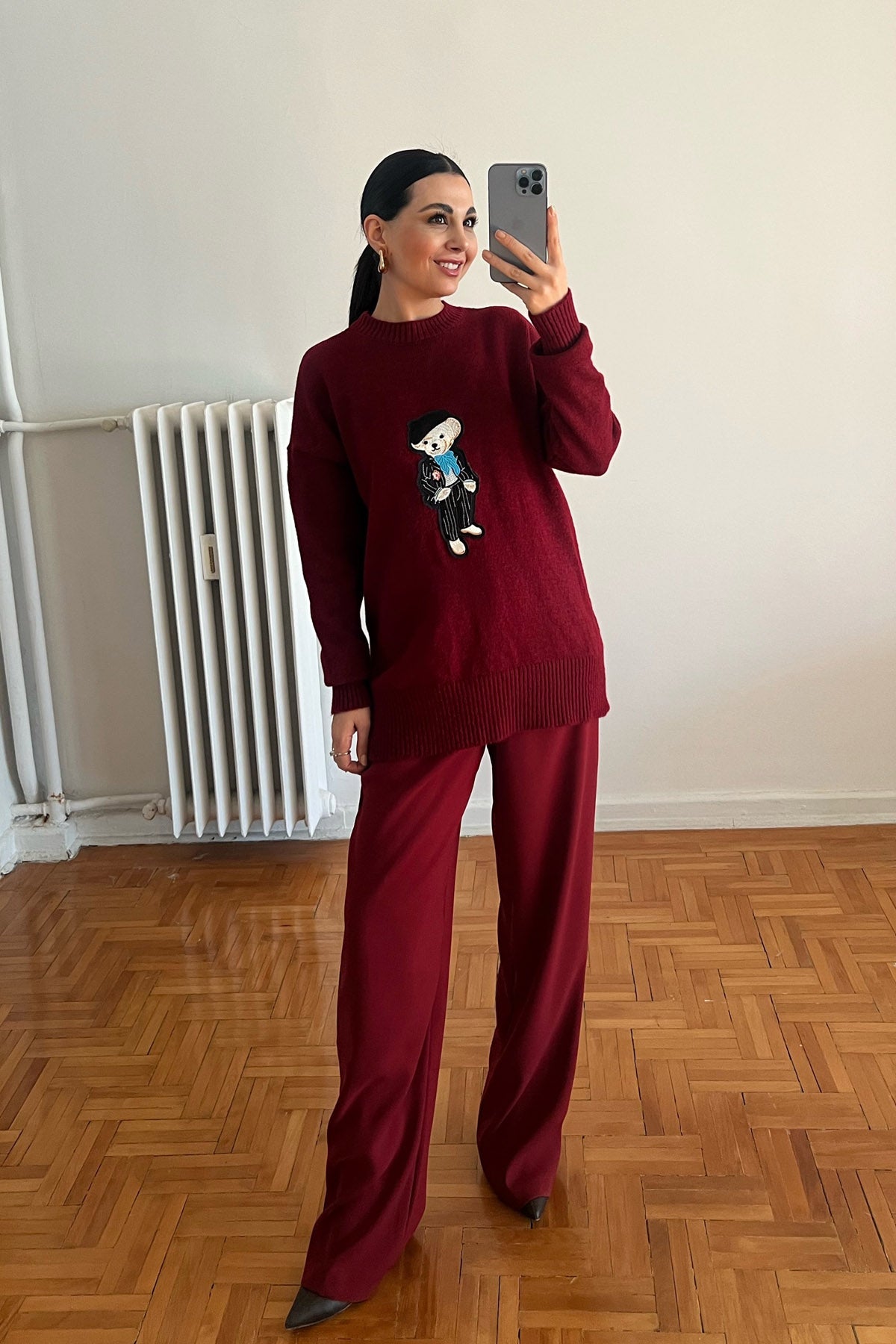 Bordo Teddy Bear Nakışlı Triko Kazak SY-2839-Bordo