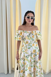 Çiçek Desenli Balon Kollu Keten Elbise SY-3309-Desenli