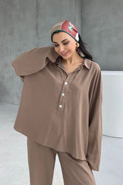 Kahverengi Keten Polo Yaka Gömlek Pantolon Takım SY-3118-Kahverengi